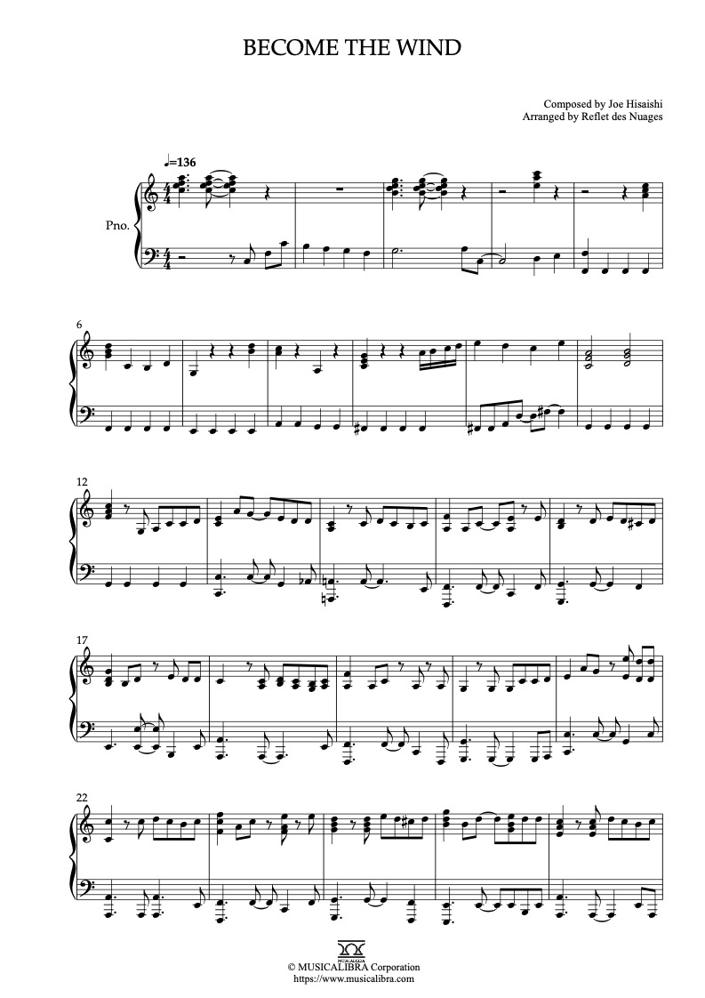 Sheet music of The Wind Rises Become the Wind arranged for piano solo preview page 1