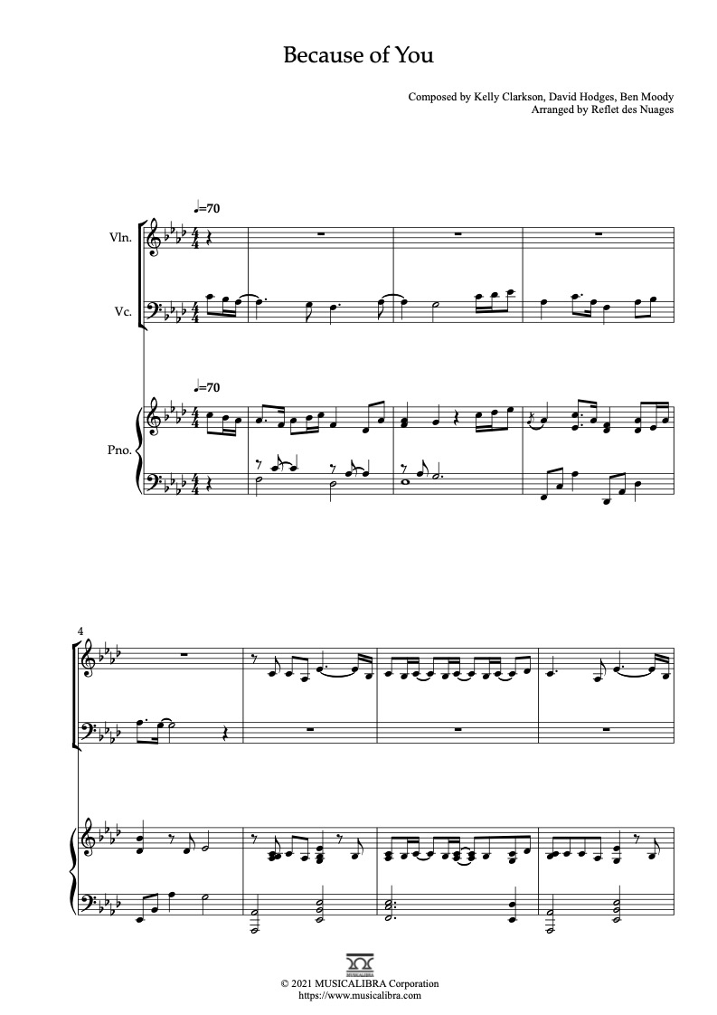 Sheet music of Kelly Clarkson Because of You arranged for violin, cello and piano trio chamber ensemble preview page 1