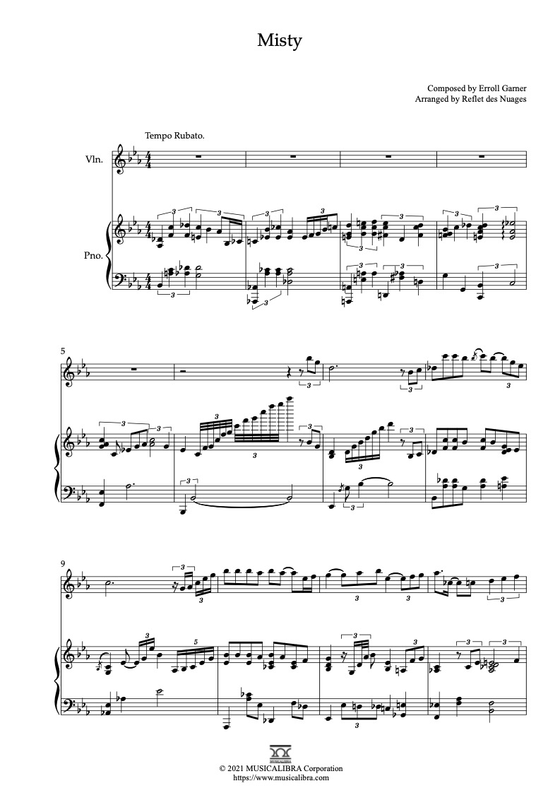 Partitura de Misty arreglada para dueto de violín y piano