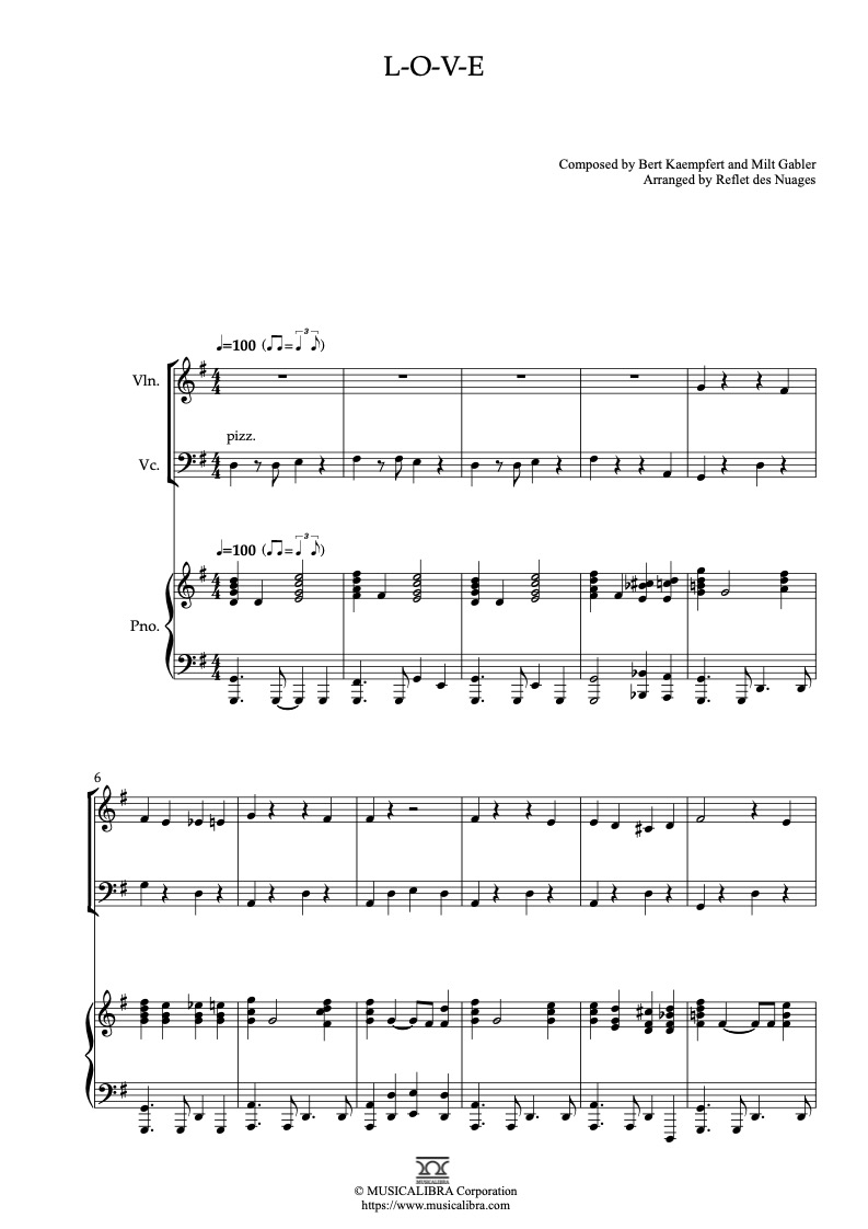 Sheet music of Nat King Cole L-O-V-E arranged for violin, cello and piano trio chamber ensemble preview page 1