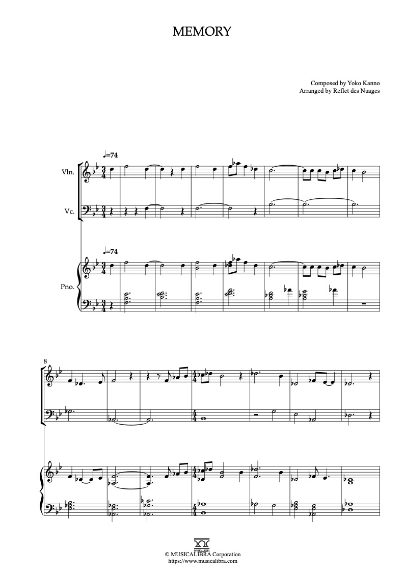 Sheet music of Cowboy Bebop Memory arranged for violin, cello and piano trio chamber ensemble preview page 1