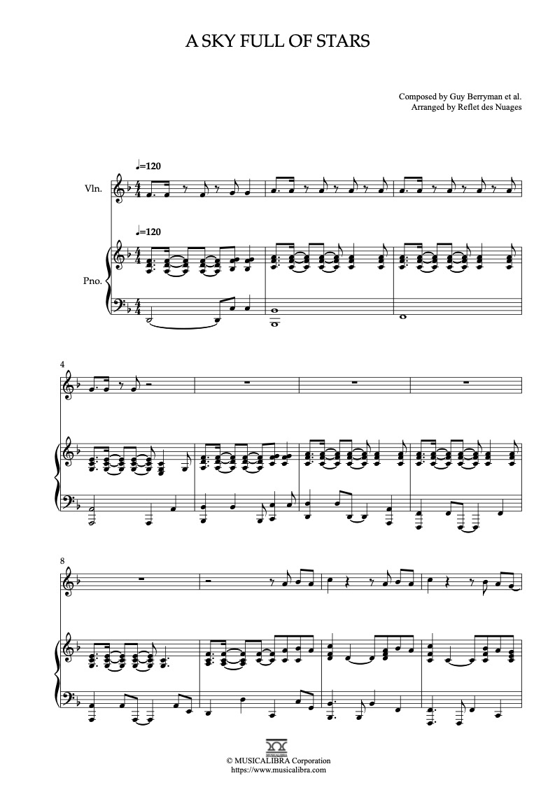 Sheet music of Coldplay A Sky Full of Stars arranged for violin and piano duet chamber ensemble preview page 1