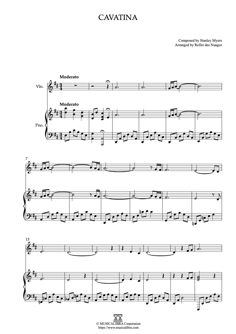 Cavatina 二重奏 乐谱 - 小提琴, 钢琴