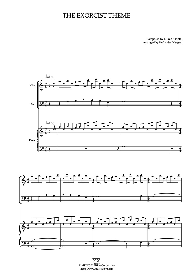 Sheet music of The Exorcist The Exorcist Theme arranged for violin, cello and piano trio chamber ensemble preview page 1