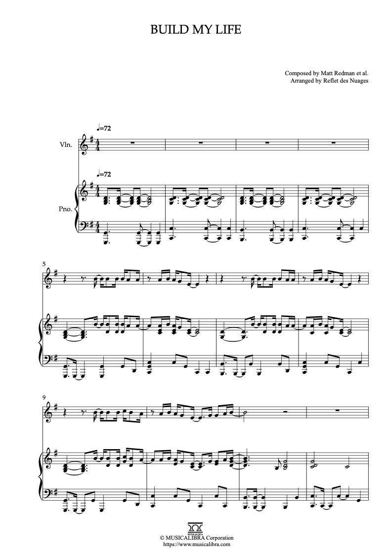 Sheet music of Housefires Build My Life arranged for violin and piano duet chamber ensemble preview page 1