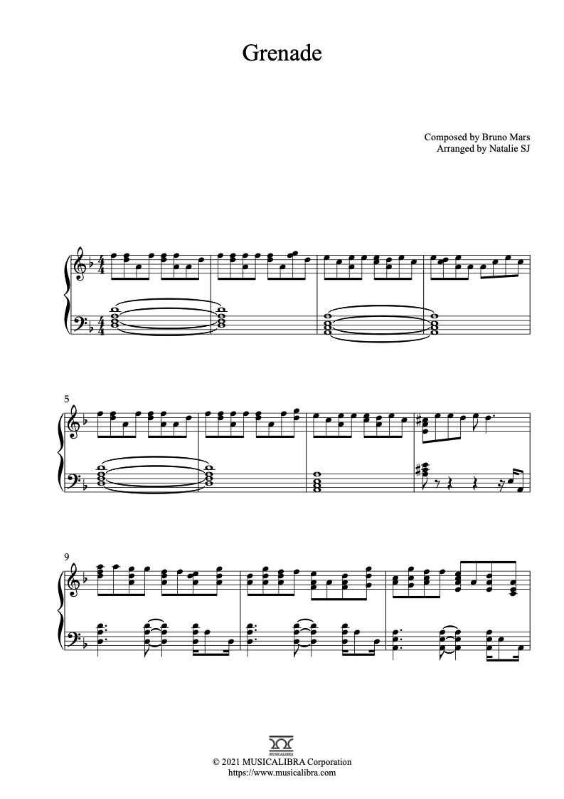 Sheet music of Bruno Mars Grenade arranged for piano solo preview page 1
