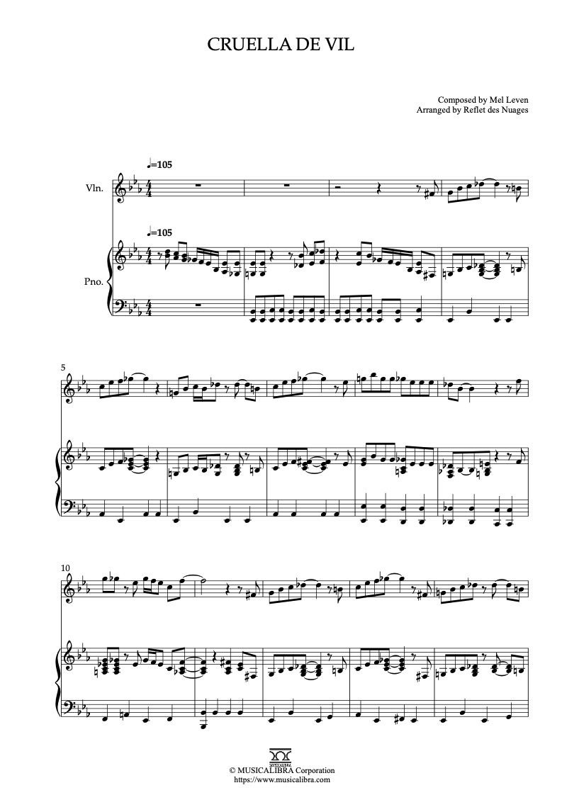 Partitura de 101 Dalmatians Cruella de Vil arreglada para dueto de violín y piano