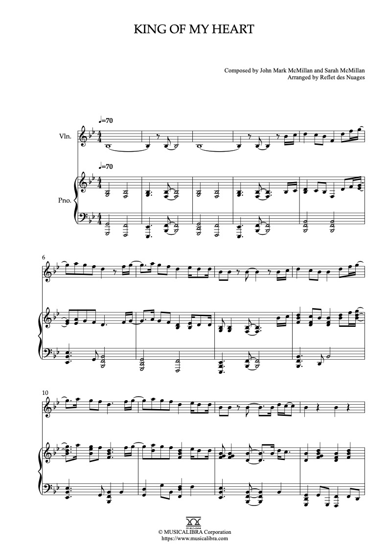Sheet music of Bethel Music King of My Heart arranged for violin and piano duet preview page 1