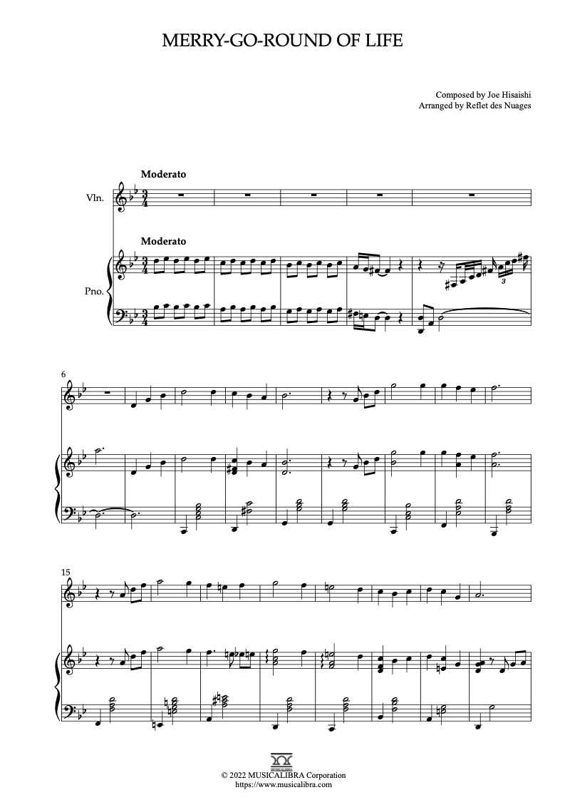 Sheet music of Merry-Go-Round of Life(Howl's Moving Castle) arranged for violin and piano duet preview page 1