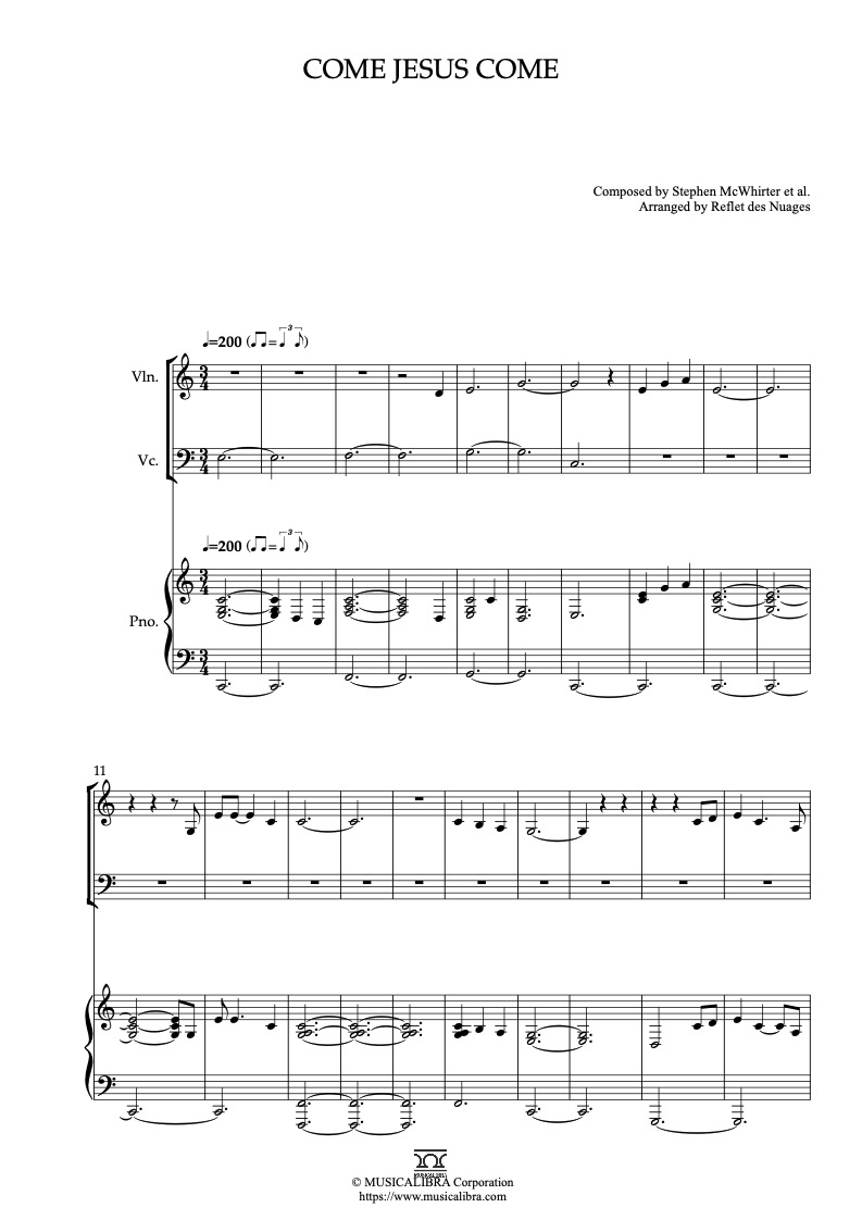 Partitura de Come Jesus Come arreglada para trío de violín, violonchelo y piano