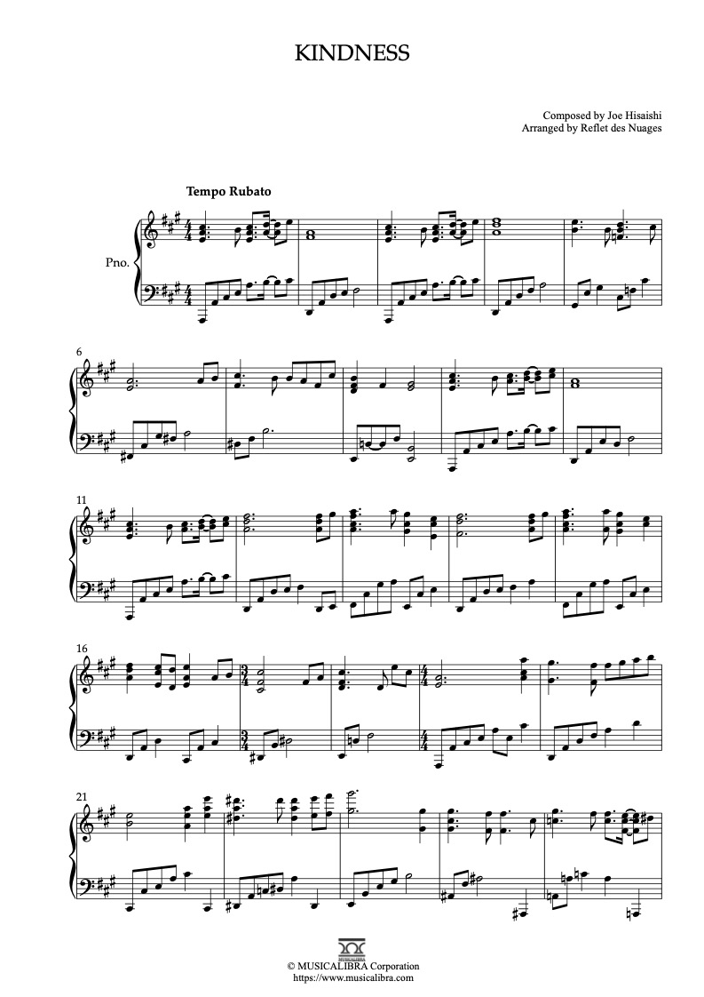 Sheet music of Kikujiro Kindness arranged for piano solo preview page 1