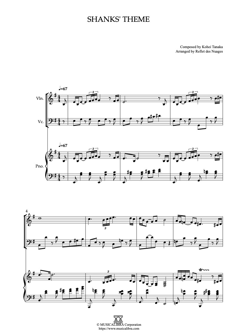 Partitura de One Piece Shanks' Theme arreglada para trío de violín, violonchelo y piano