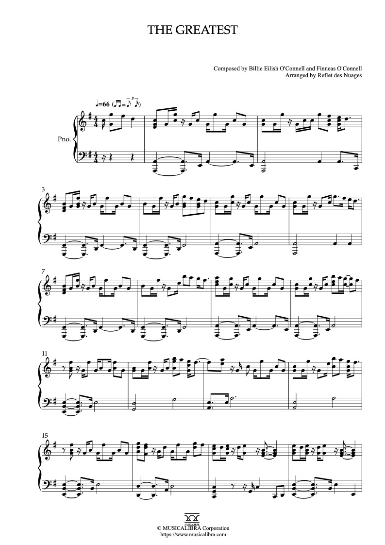 Sheet music of Billie Eilish The Greatest arranged for piano solo preview page 1