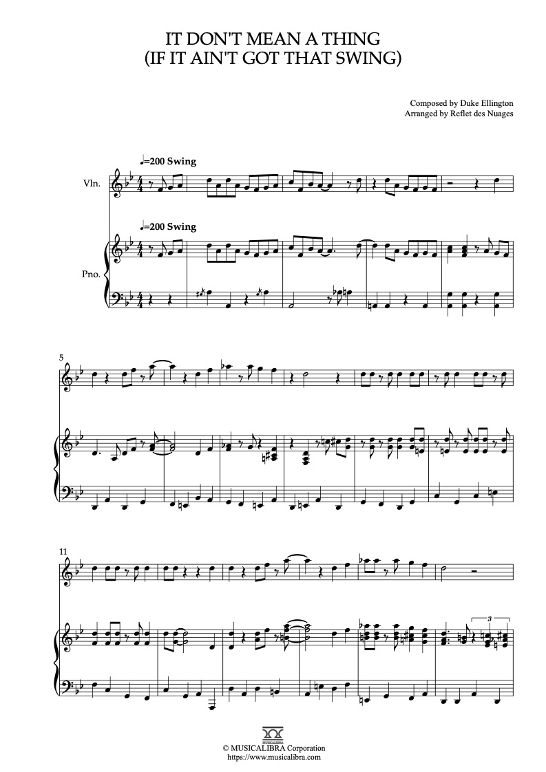 Sheet music of It Don't Mean a Thing arranged for violin and piano duet preview page 1