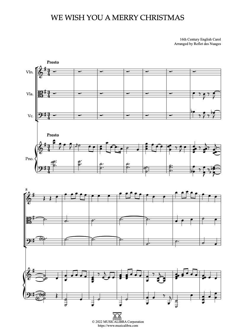 Sheet music of We Wish You a Merry Christmas arranged for violin, viola, cello and piano quartet chamber ensemble preview page 1