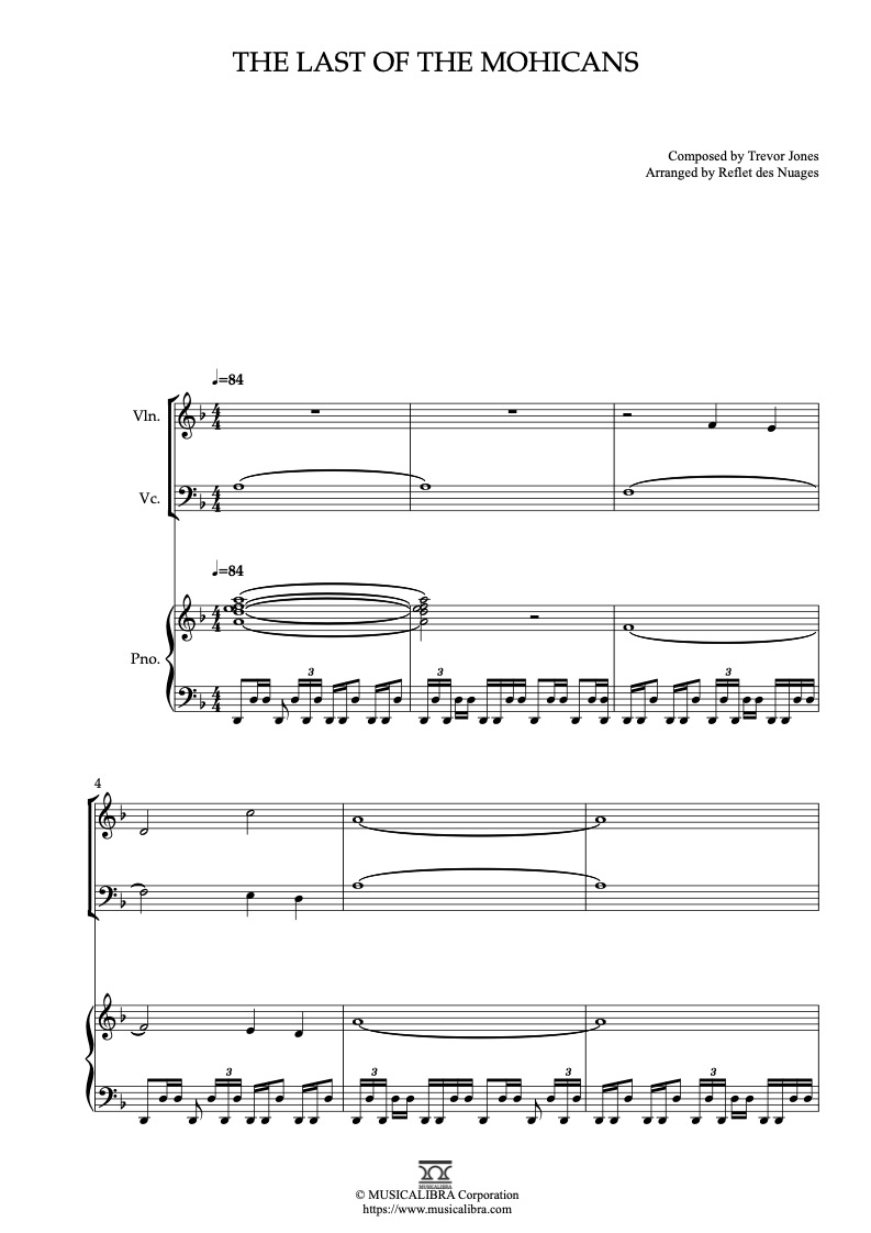 Partitura de The Last of the Mohicans arreglada para trío de violín, violonchelo y piano