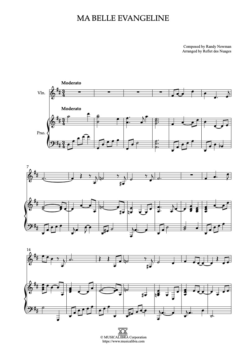 Sheet music of The Princess and the Frog Ma Belle Evangeline arranged for violin and piano duet chamber ensemble preview page 1