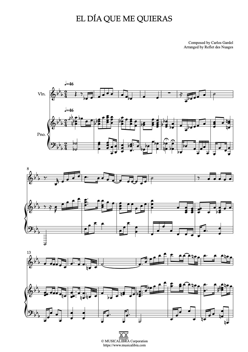 Partitura de Carlos Gardel El día que me quieras arreglada para dueto de violín y piano