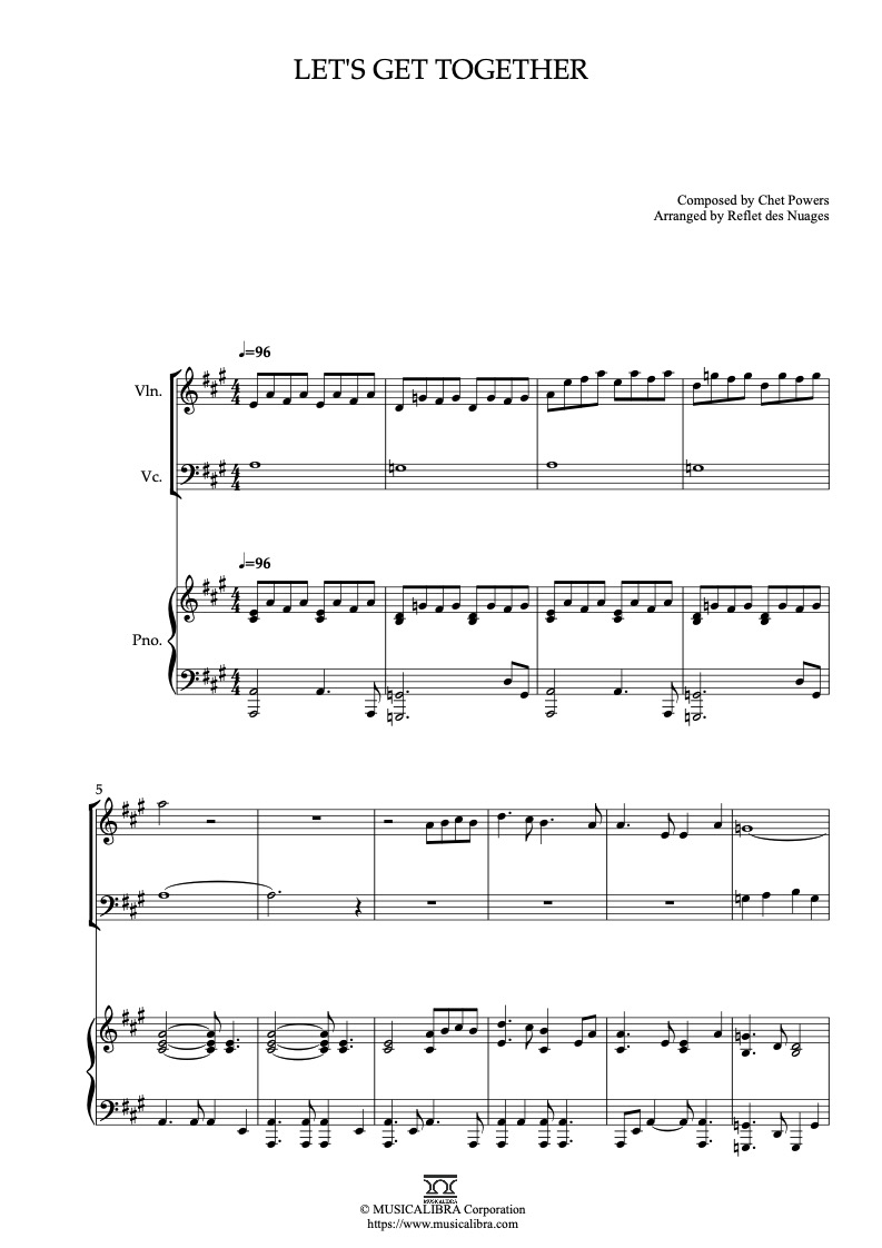 Sheet music of Let’s Get Together arranged for violin, cello and piano trio chamber ensemble preview page 1