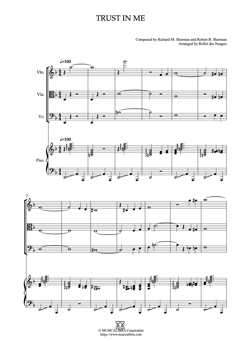 Sheet music of Trust in Me arranged for violin, viola, cello and piano quartet chamber ensemble preview page 1