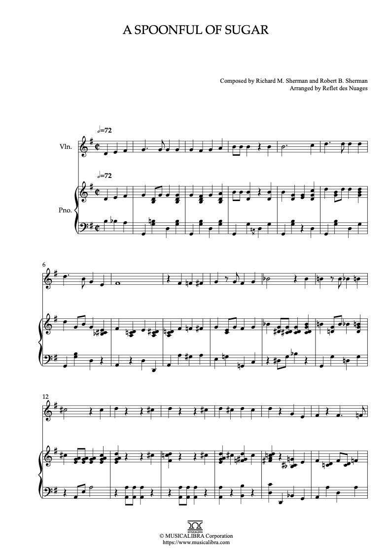 Mary Poppins A Spoonful of Sugar 編曲楽譜 - ヴァイオリン、ピアノデュエット