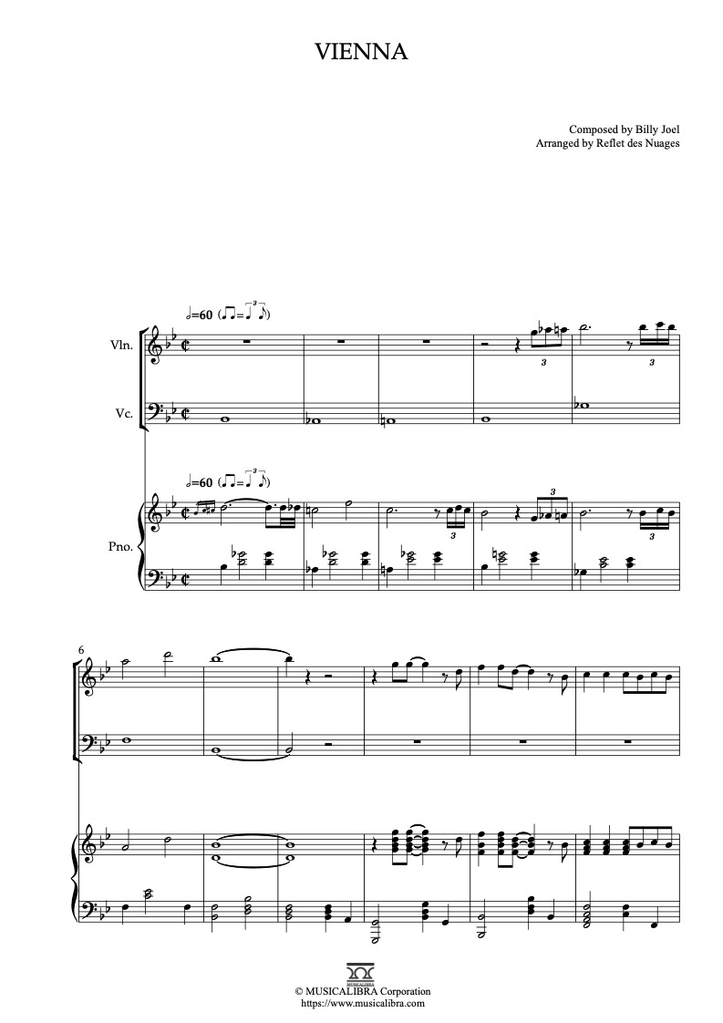 Partitura de Billy Joel Vienna arreglada para trío de violín, violonchelo y piano