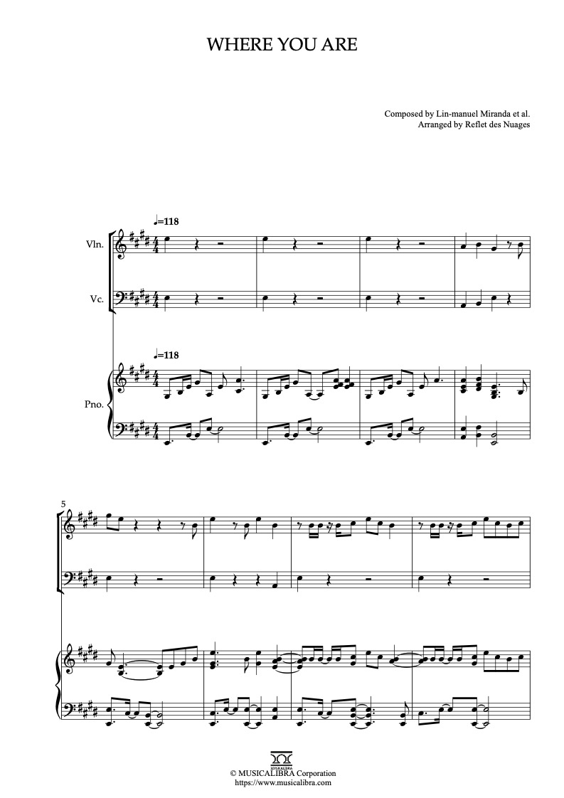Sheet music of Moana Where You Are arranged for violin, cello and piano trio chamber ensemble preview page 1