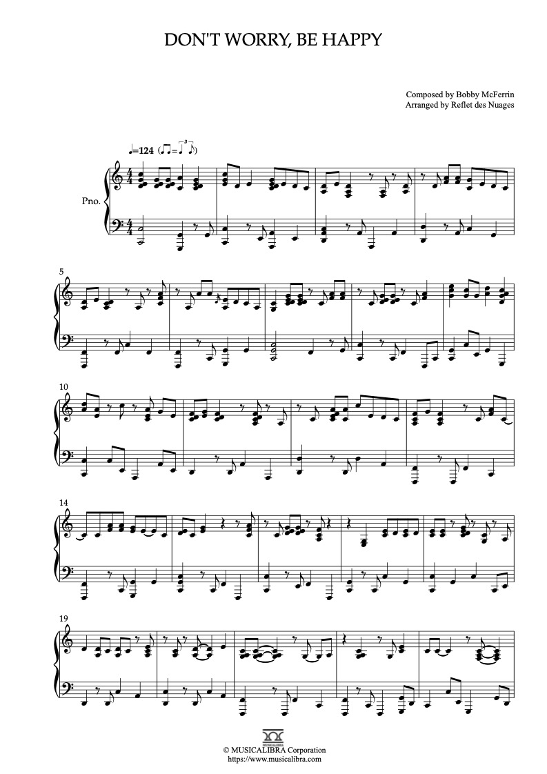 Partitura de Don't Worry, Be Happy arreglada para piano solo