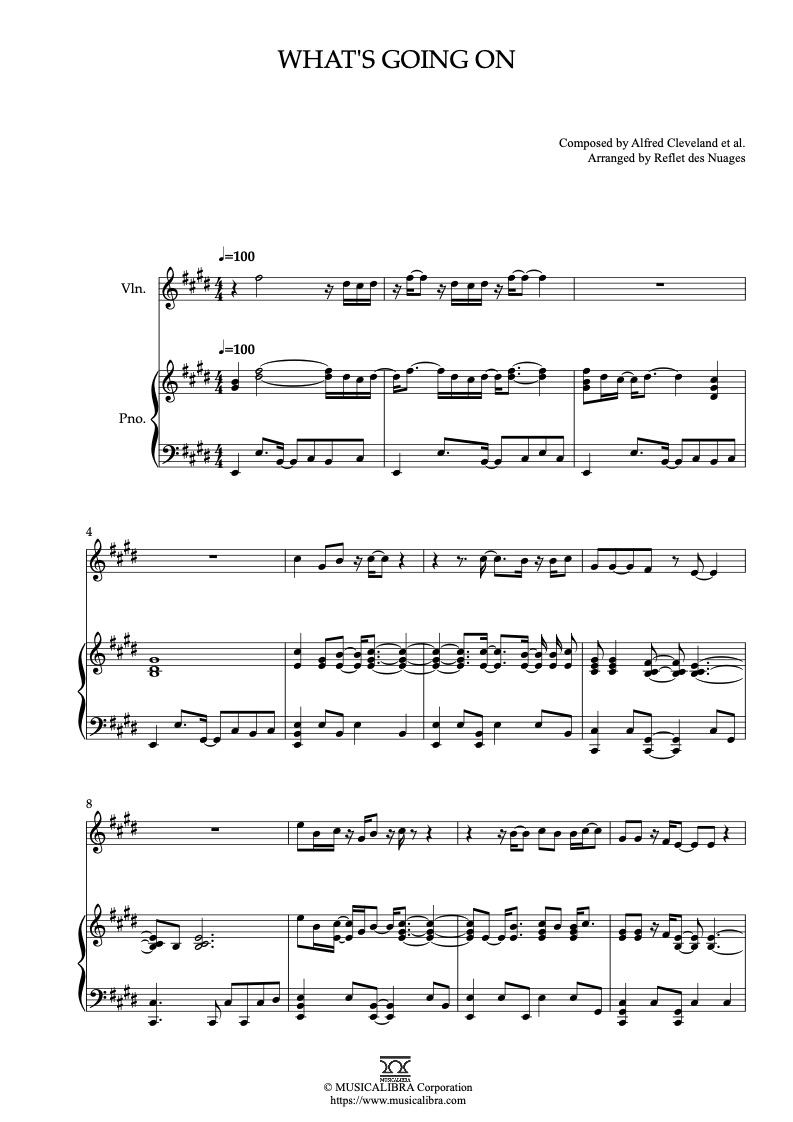 Sheet music of Marvin Gaye What's Going On arranged for violin and piano duet chamber ensemble preview page 1