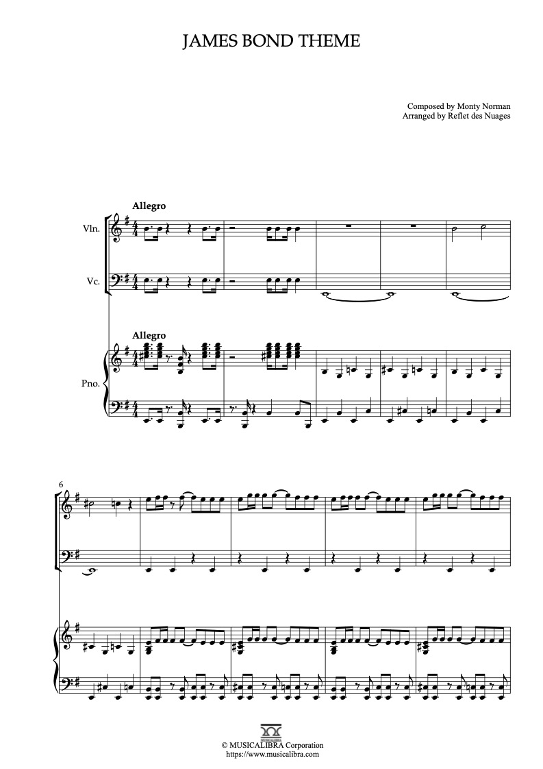 Sheet music of James Bond Theme arranged for violin, cello and piano trio chamber ensemble preview page 1