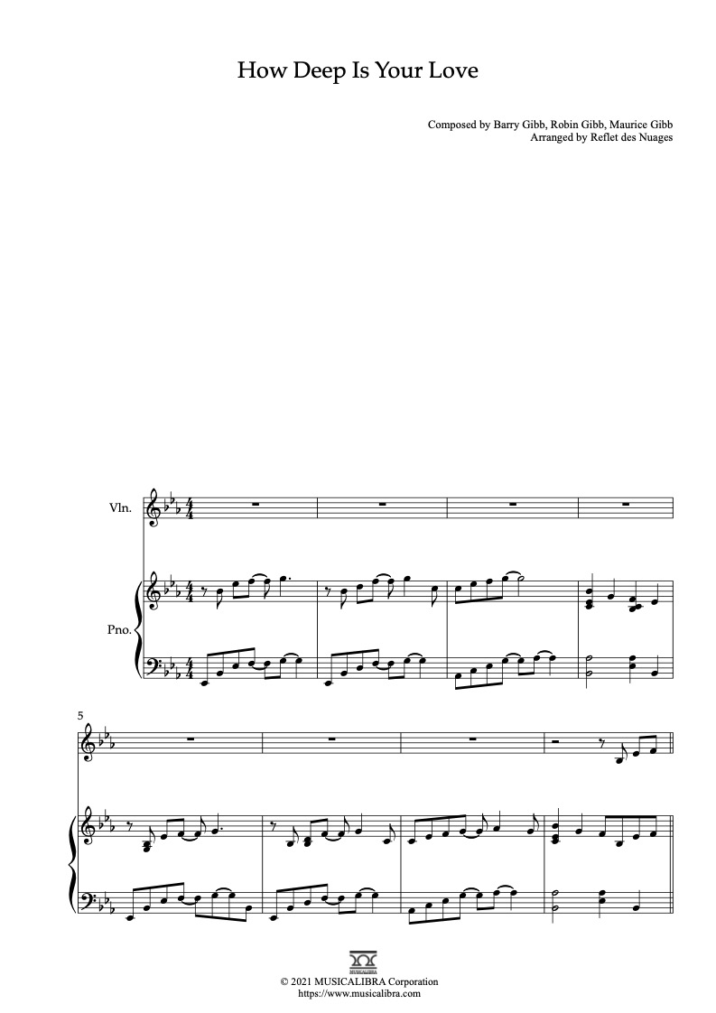 Partitura de Bee Gees How Deep Is Your Love arreglada para dueto de violín y piano