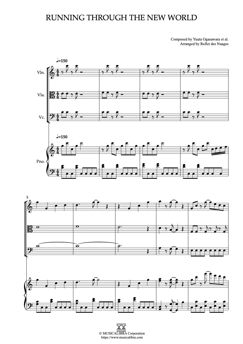 Partitura de Kirby and the Forgotten Land Running Through the New World arreglada para cuarteto de violín, viola, violonchelo y piano