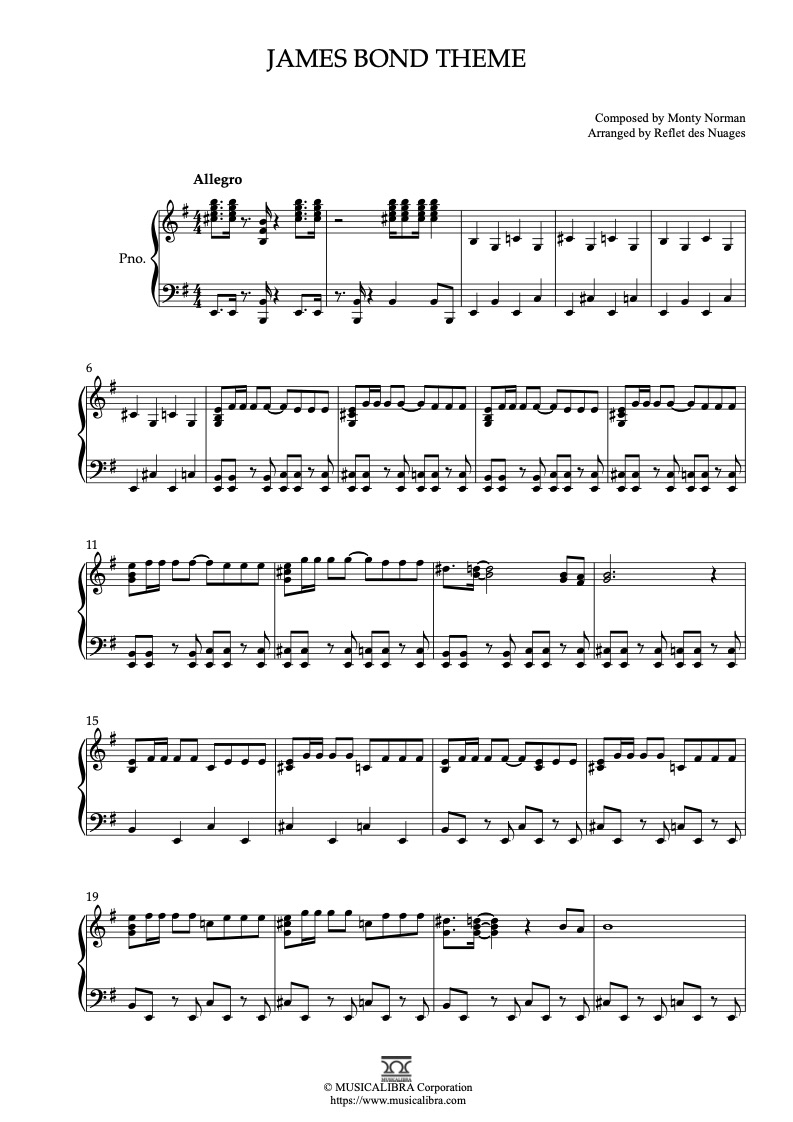 Sheet music of James Bond Theme arranged for piano solo preview page 1