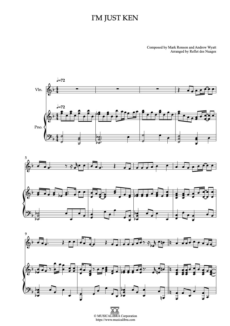 Partitura de Ryan Gosling I'm Just Ken arreglada para dueto de violín y piano