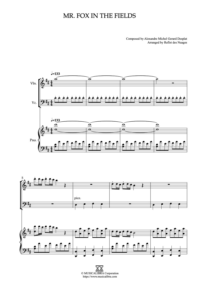 Partitura de Fantastic Mr. Fox Mr. Fox in the Fields arreglada para trío de violín, violonchelo y piano