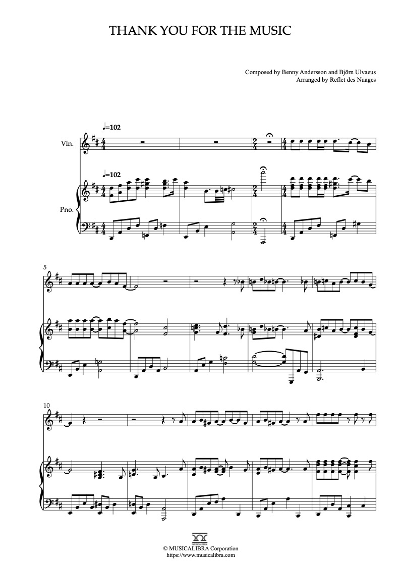 Partitura de ABBA Thank You for the Music para música de cámara de dueto, violín y piano