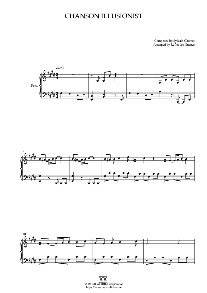 Sheet music of The Illusionist Chanson Illusionist arranged for piano solo preview page 1