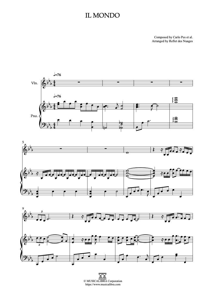 Partitura de Il Mondo arreglada para dueto de violín y piano