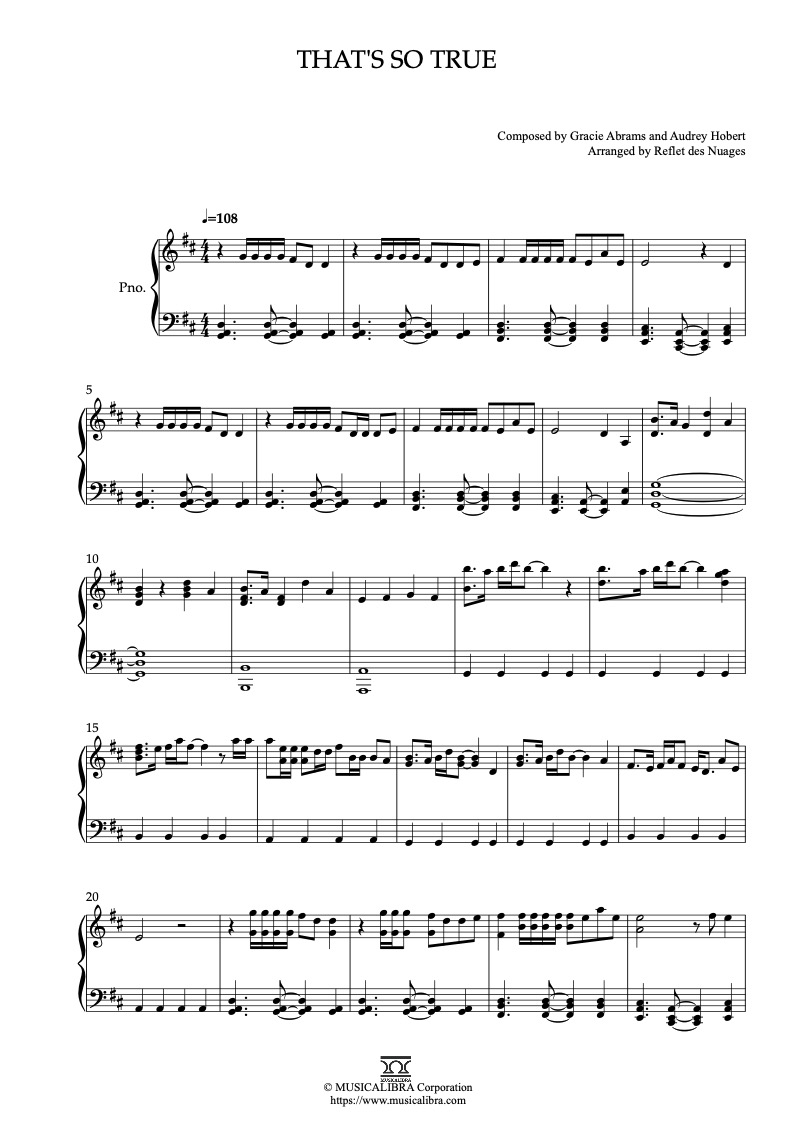 Sheet music of Gracie Abrams That's So True arranged for piano solo preview page 1