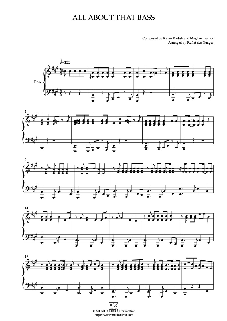 Sheet music of Meghan Trainor All About That Bass arranged for piano solo preview page 1