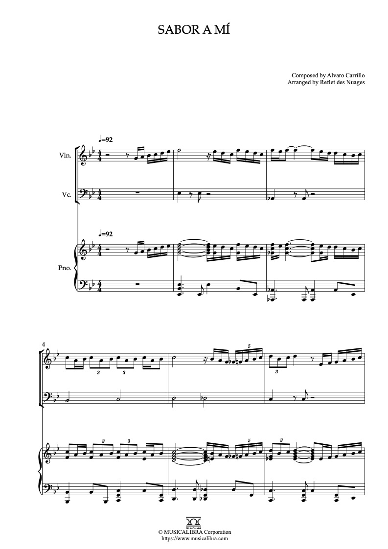 Sabor a Mí 編曲楽譜 - ヴァイオリン、チェロ、ピアノトリオ