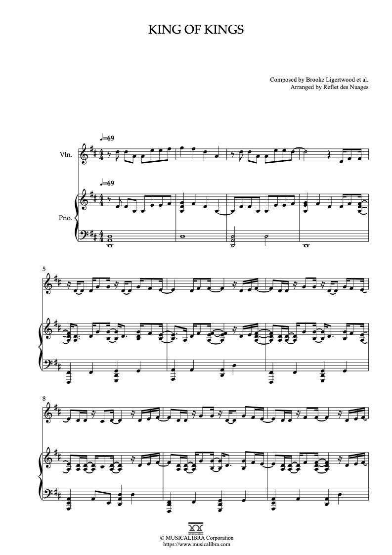Partitura de Hillsong Worship King of Kings arreglada para dueto de violín y piano