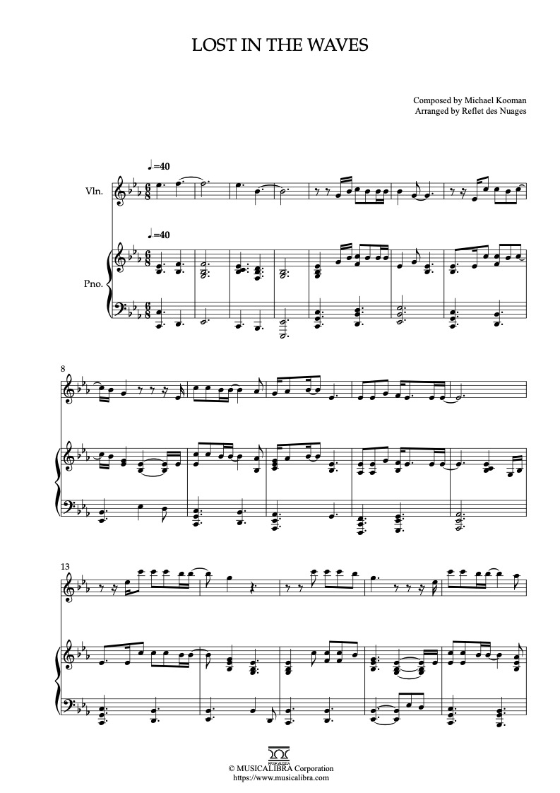 Partitura de Kooman & Dimond Lost in the Waves arreglada para dueto de violín y piano