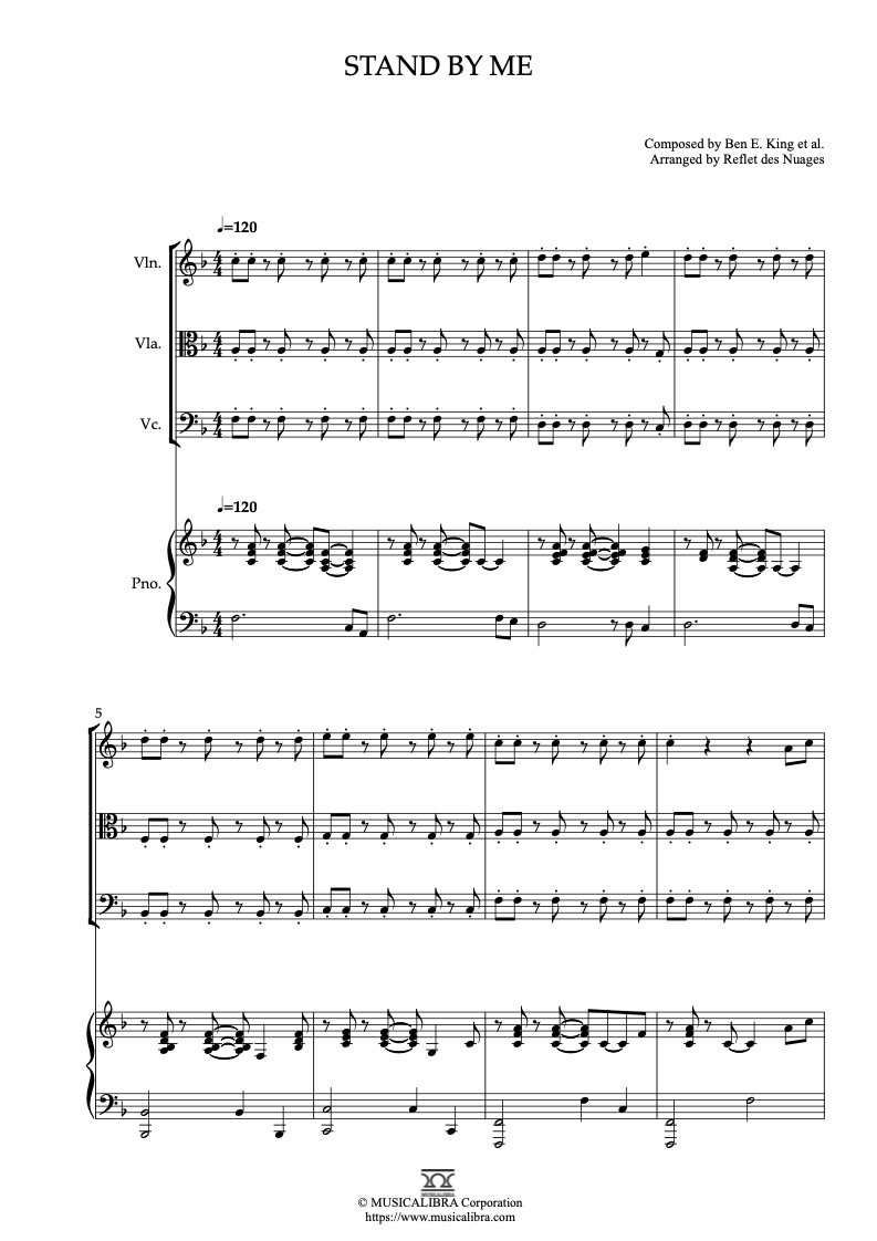 Stand by Me 四重奏 乐谱 - 小提琴, 中提琴, 大提琴, 钢琴