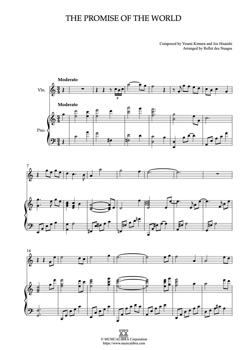 Partitura de Howl's Moving Castle The Promise of the World arreglada para dueto de violín y piano