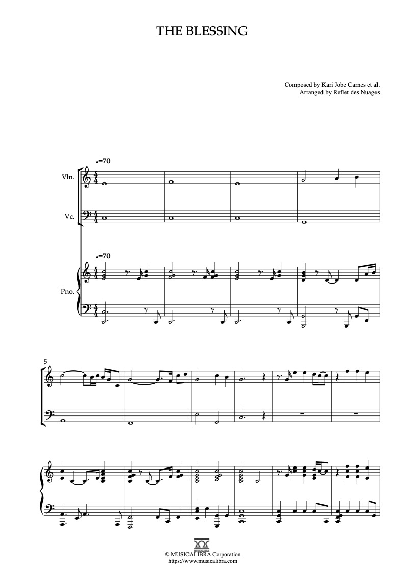 Sheet music of The Blessing arranged for violin, cello and piano trio chamber ensemble preview page 1