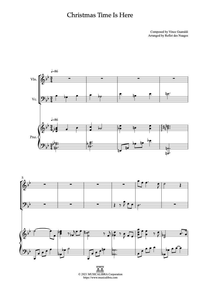 Sheet music of Vince Guaraldi Christmas Time Is Here arranged for violin, cello and piano trio chamber ensemble preview page 1