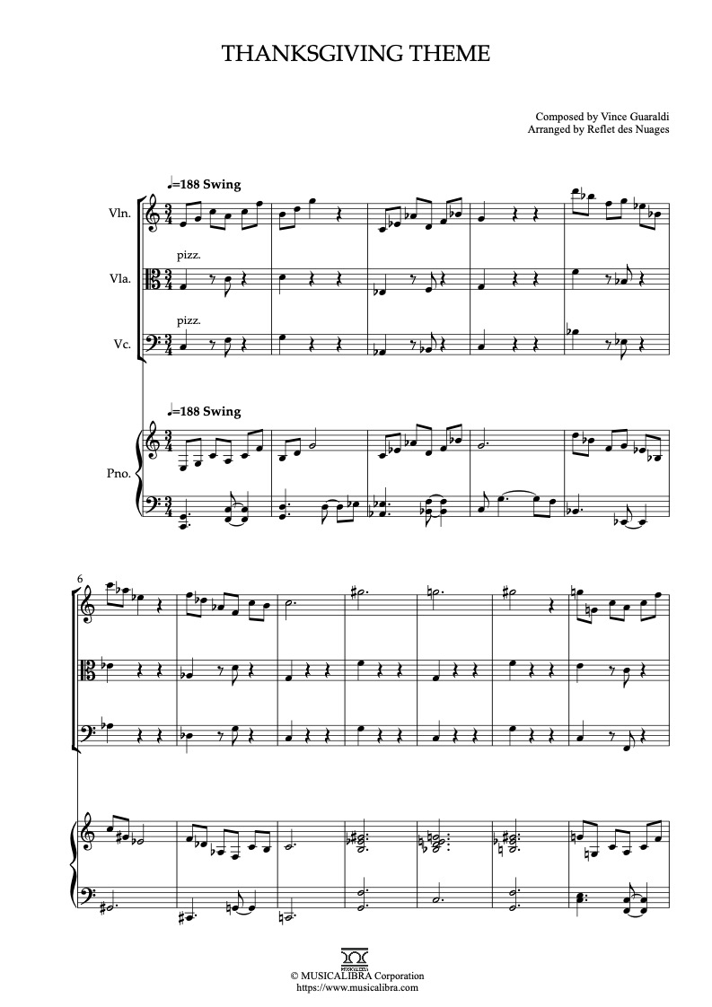 Thanksgiving Theme 編曲楽譜 - ヴァイオリン、ビオラ、チェロ、ピアノ 室内楽 アンサンブル