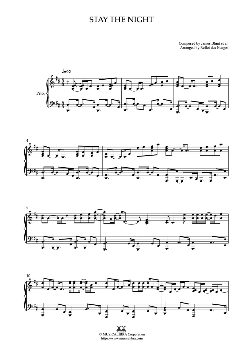 Partitura de James Blunt Stay the Night arreglada para piano solo