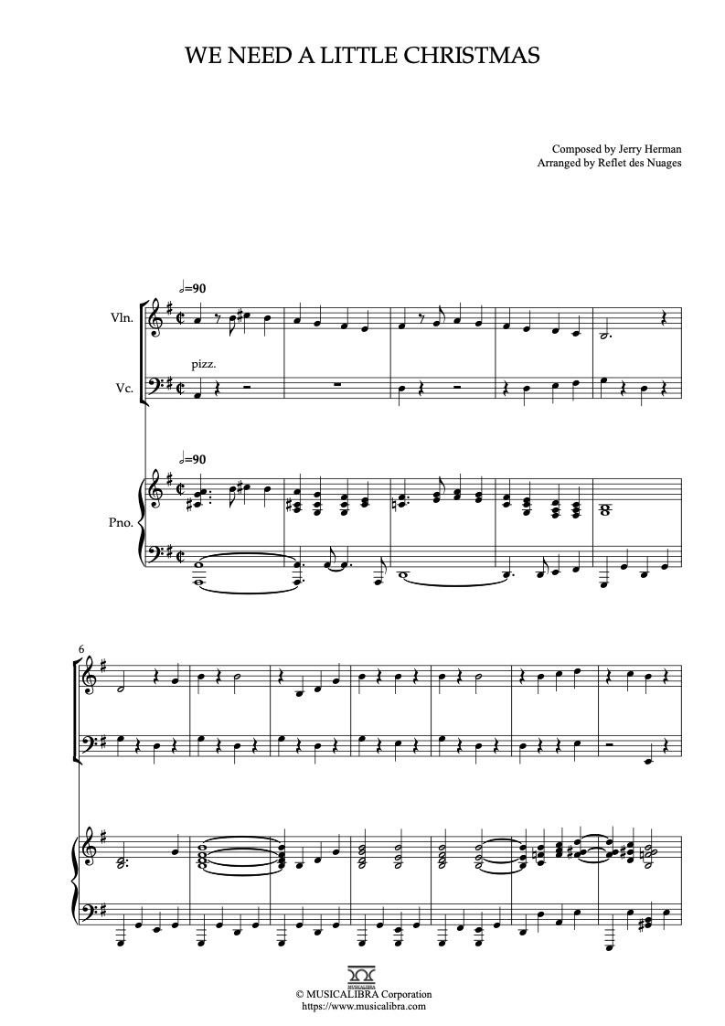 Partitura de We Need a Little Christmas arreglada para trío de violín, violonchelo y piano